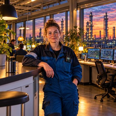 Procesoperator aan het werk tijdens een avonddienst in een productieomgeving.